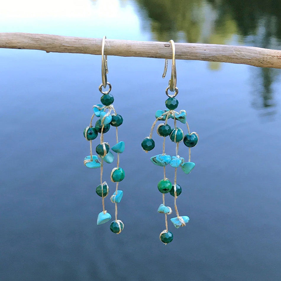 fair trade silk and crystal turquoise earrings handmade in Thailand