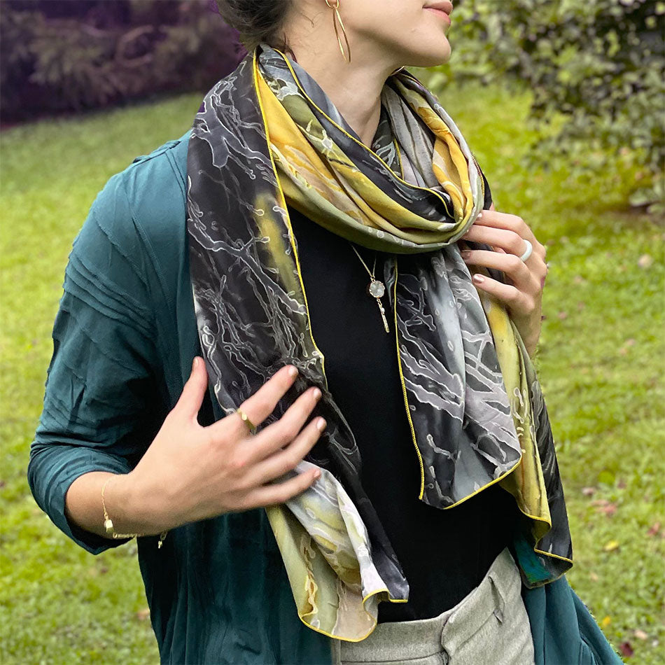 Watercolor Batik Scarf/Wrap - Black/Yellow, Bali