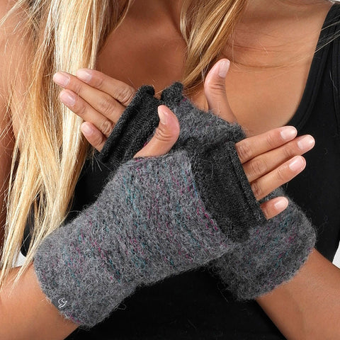 Alpaca Fingerless Gloves, Double Layer - Gray/Black, Peru