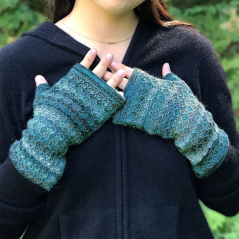 Mixed Color Alpaca Fingerless Gloves - Blue/Green