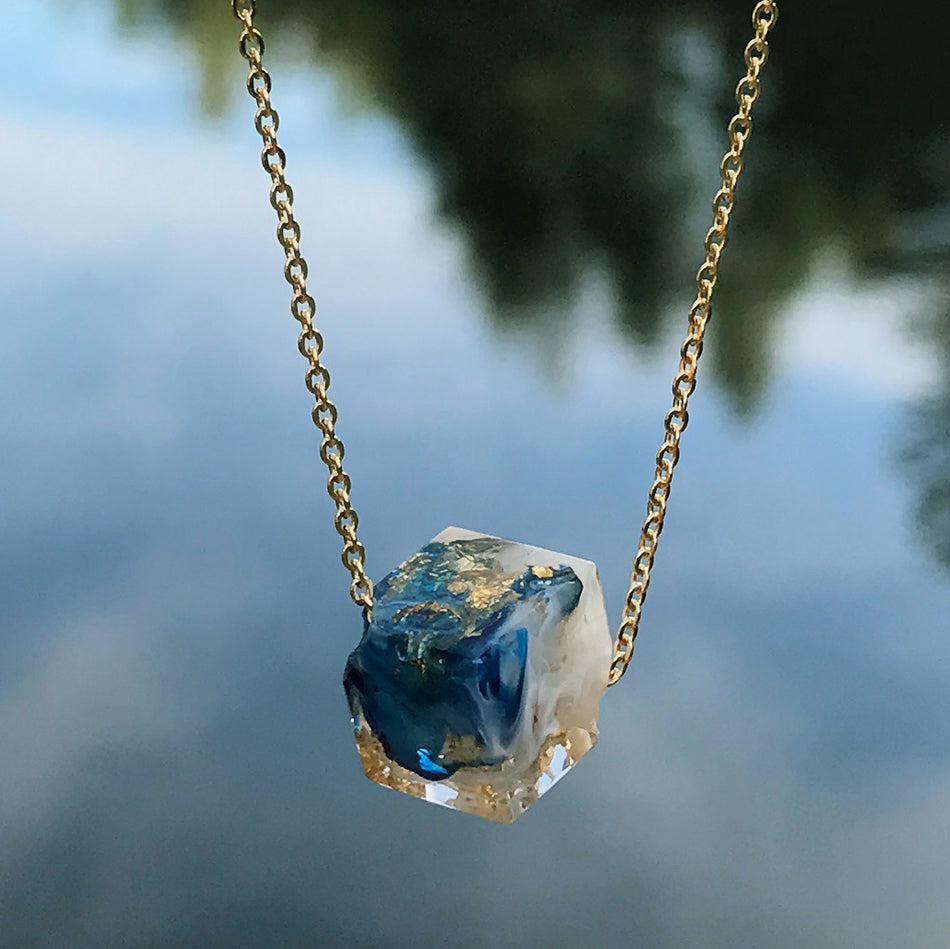 Eco-Resin Necklace - Blue Cube, Colombia - Women's Peace Collection