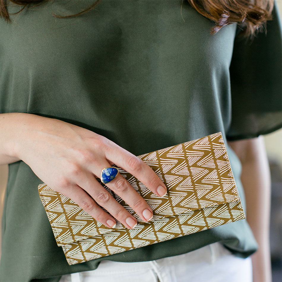 Fair trade lapis brass ring handmade by women in Chile