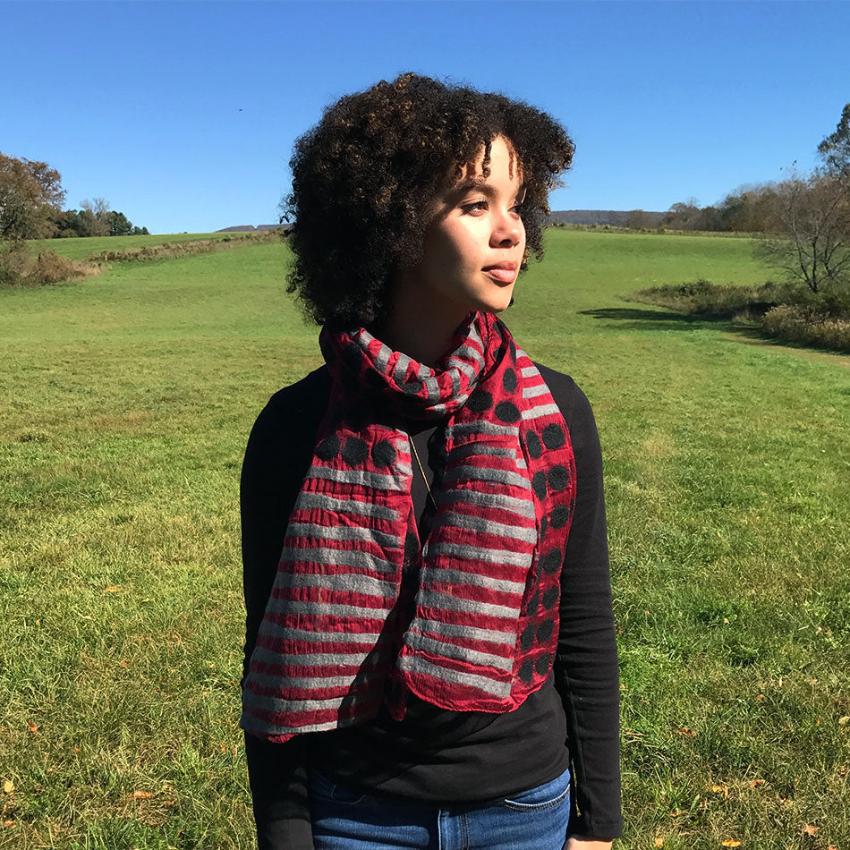 Whimsical Felted Merino Wool/Silk Scarf - Red, Nepal