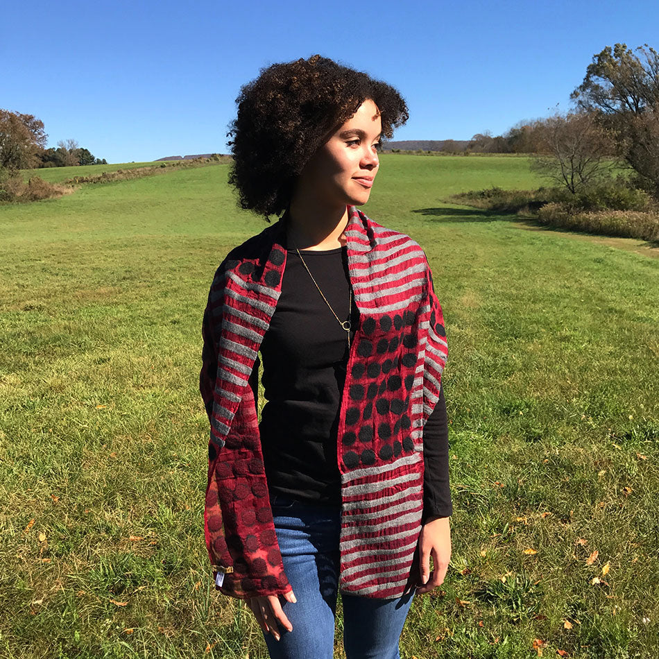 Whimsical Felted Merino Wool/Silk Scarf - Red, Nepal