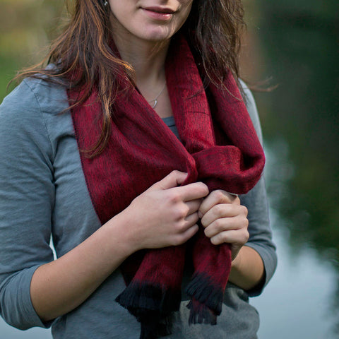 Red alpaca scarf with black fringe